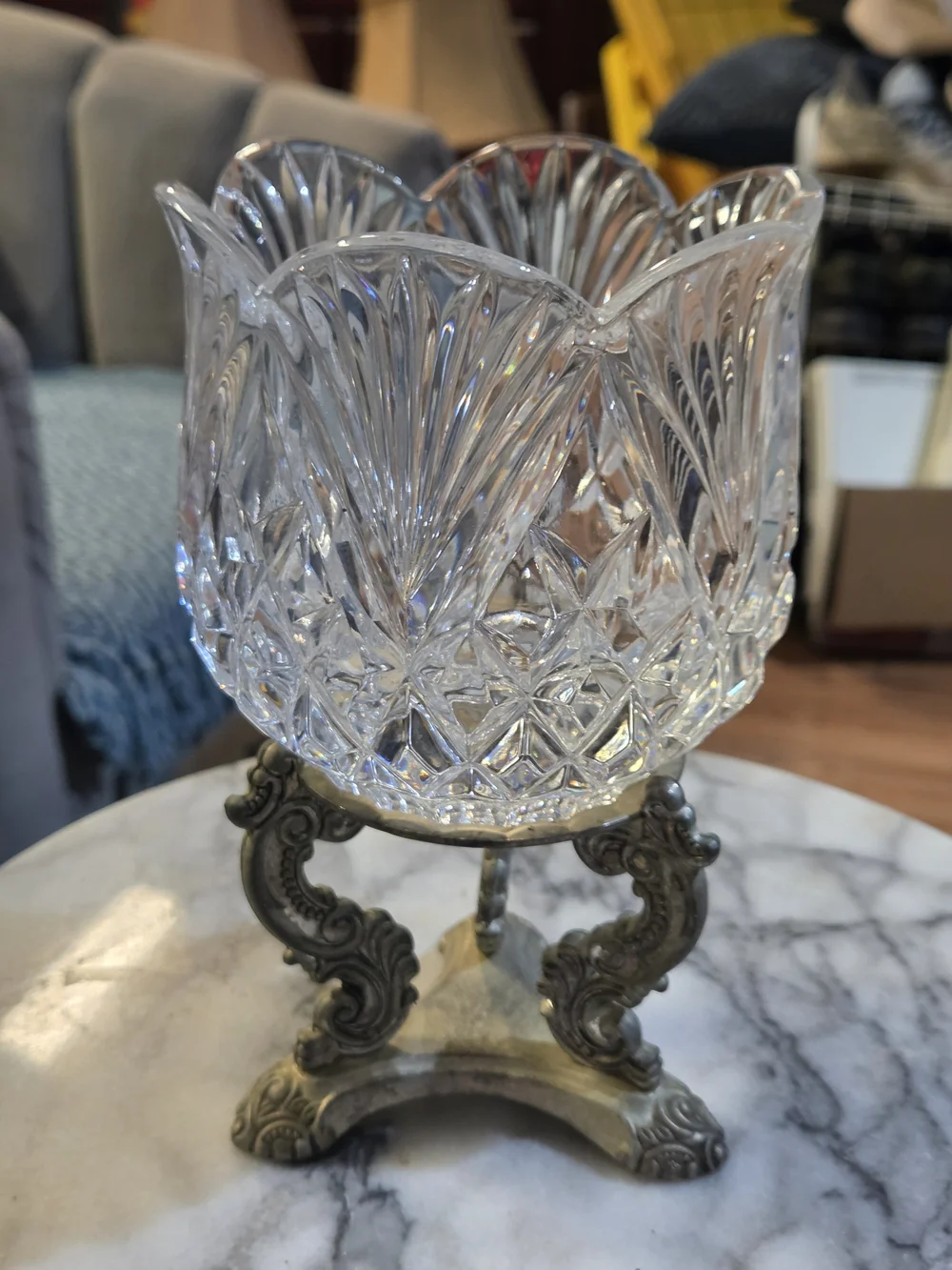 Crystal Glass Bowl w/ vintage Godinger Silver Art Co. ornate silver-plated Stand